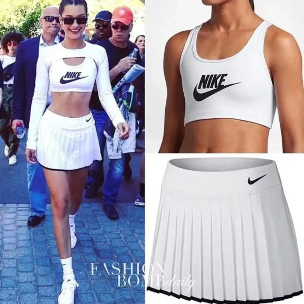 Nike White Crop Top and White Pleated Mini Skirt with Black Accents